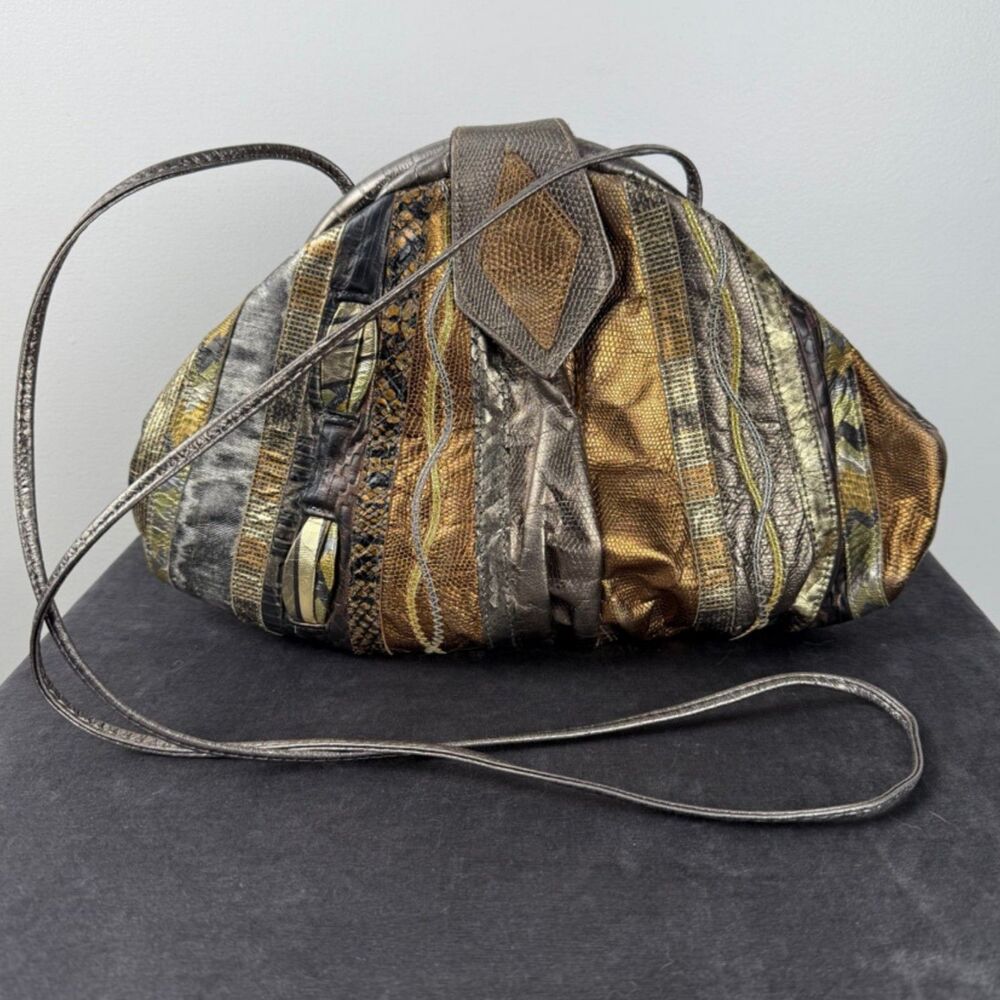 Vintage 80/90s Patchwork Leather Metalic Embossed Snakeskin Clutch Shoulder Bag